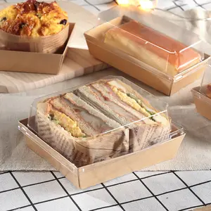 容器寿司棕色牛皮纸食品盒托盘批发热狗三明治透明盖塑料牛皮纸三明治包装天然
