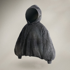 Washed Curved Stitch Seam Pullover Hoodie Custom Logo Oversized <b>Balloon</b> Sleeve Vintage Distressed Streetwear Hooded Sweatshirt - Product Image 3