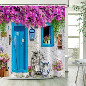 春季花园浴帘粉色玫瑰木栅栏花卉植物蓝门地中海自然景观浴室装饰套装