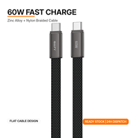 Câble USB C vers USB C en stock, charge rapide 60W, câble plat tressé en nylon