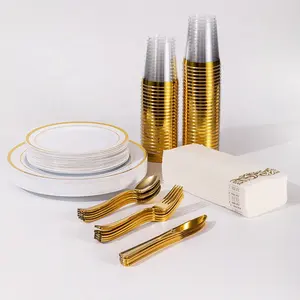 Aparelho de jantar descartável 175 peças, conjuntos de placas de plástico da borda de ouro
