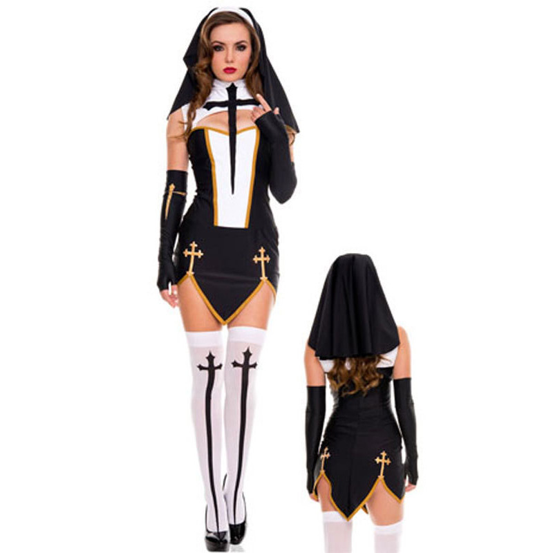 Virgen María monja Sexy adultos traje de Cosplay, vestido de negro con capucha para Halloween hermana del Partido de Cosplay del traje de monja trajes