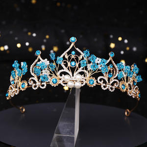 Nouvelle Couronne de Princesse Fleur <span class=keywords><strong>Perle</strong></span> Cristal Bleu Diadème de Mariée Tiare Bijou de Tête Accessoire Cheveux <span class=keywords><strong>Mariage</strong></span> - Product Image 1