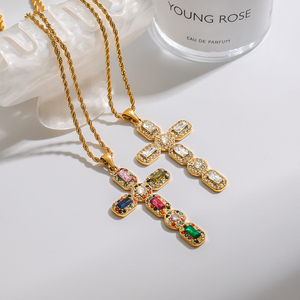 J&D 스테인리스 스틸 18K PVD 골드 도금 신상 크리스탈 레드 그린 컬러풀 예수 십자가 목걸이 - Product Image 6