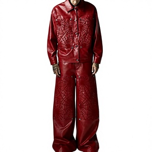 Chándal Rojo para Hombre con Patrón de Telaraña en Relieve, Estilo Urbano, Corte Holgado, Impermeable, de Poliéster, para Invierno - Product Image 1