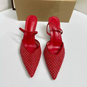 Fashionable <b>Closed</b>-<b>Toe</b> Women's High Heel <b>Sandals</b> Mesh+PU with Artificial Pearls, Pointed Stiletto Heel for Western Style - Product Image 3
