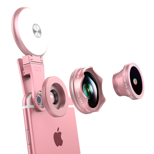 GiAi 4K 4 in 1 Cell Phone Camera Lenses Kit Wide Angle Fisheye Macro Lens With Fill Light for Mobile Phone