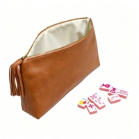 Sac de transport haut de gamme personnalisé pour jeu de Mahjong américain marron, avec logo gaufré, sac de rangement pour tuiles de Mahjong avec pompons et fermeture éclair