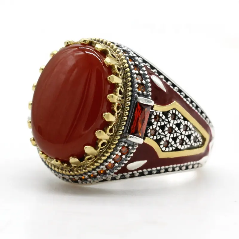 Men Ring mit Red Natural Agate Stone 925 Sterling Silver Vintage King Crown CZ Enamel Rings für Women Male Gift