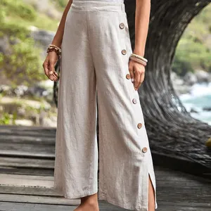 Boho Solid Linen Trouser Button Detail Split Hem Wide Leg Pants For Women