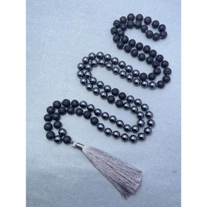 Collier de prière Mala bouddhiste Ja Pa Mala en hématite et pierre de lave, noué à la main, 108 perles, avec pampille, pour la récitation - Product Image 1