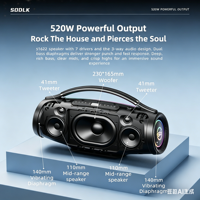 Enceinte Karaoké S1622 520W Double DSP Bluetooth avec 2 Micros Sans Fil TWS Interlink, Streaming OTG, Charge Rapide 30W, Boombox de Fête