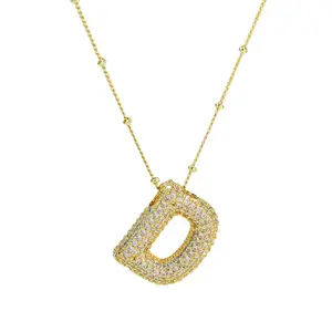 Wholesale Thick Initial Name Bubble Alphabet Pendant Necklaces Chunky 14K Gold Cubic Zirconia Letter Balloon Necklace