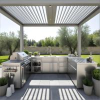Cuisine extérieure sur mesure en acier inoxydable 304 avec pavillon à persiennes électriques, cuisine de jardin étanche avec grill et robinet