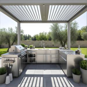 Cuisine extérieure sur mesure en acier inoxydable 304 avec pavillon à persiennes électriques, cuisine de jardin étanche avec grill et robinet - Product Image 2
