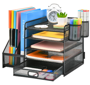 Desk Organizer with <b>File</b> Holder 5 Tier Paper Letter Tray Organizer with <b>Drawer</b> and 2 Pen Holder Mesh Desktop Organizer - Product Image 1