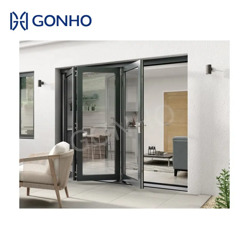 GONHO Tecnología avanzada Puerta plegable Diseño de vidrio templado triple Puertas plegables de aluminio plegables para patio