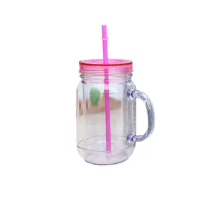 Gobelets en plastique transparent 15oz, pot à maçon avec poignée, tasses d'eau transparents, tasse à boire scintillante avec paille