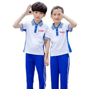 1pcs custom logo new design blue stripe short sleeve t-shirt top+long pants 2 piece sets school uniforms for boys and girls