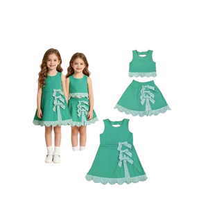 Conjunto de Ropa Deportiva para Niñas Pequeñas, Estilo Yoga, Verano, Sin Mangas, Falda Escocesa Verde con Volantes y Lazos - Product Image 1