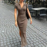 WY509002 Nouvelle Collection Été 2026 – Robe Longue Tricotée Élégante pour Femme, Tendance Sexy avec Col en V Profond et Manches Courtes Fendues