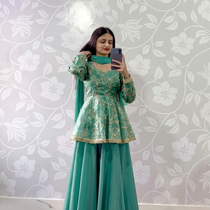 Designer Embroidery And Sequence Work Fandy Silk <b>Top</b> With Natural Crepe <b>Lehenga</b> Bottom And Faux Georgette Dupatta Fully Stitched - Product Image 1