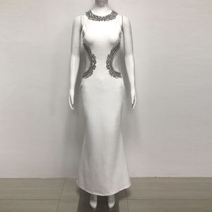 Abito <span class=keywords><strong>da</strong></span> Sera Elegante <span class=keywords><strong>Bianco</strong></span> Senza Maniche con Strass e Taglio in Vita per Donna, Vestito Lungo di Lusso per Matrimoni, Banchetti e Feste - Product Image 2