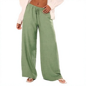 High Quality Linen Wide Leg <b>Trousers</b> Quick Dry Breathable <b>Summer</b> Casual Wear Drawstring Customizable Logo High Waist Woven - Product Image 1