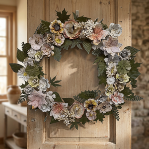 Corona Floral Metálica Rústica Hecha a Mano, Redonda, Decorativa, Sin Iluminación, Elaborada con Hojas y Flores para Puerta o Pared - Product Image 1