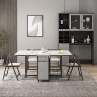 Ensemble de table à manger pliante effet pierre frittée avec 6 chaises pliantes à roulettes et tiroir de rangement, mobilier de salle à manger
