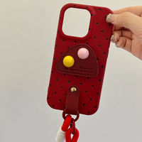 Étui de téléphone de luxe à pois avec support coussiné extensible et dragonne en corde tressée, coque en cuir antichoc