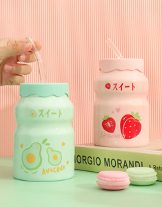 Mugs en céramique personnalisables avec couvercle, portables, mignons, motif fraise, pour enfants, lait, école, café, vente en gros - Product Image 2