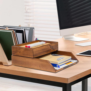 Juego de organizadores de cajones de madera de dos piezas para escritorio de oficina, almacenamiento de papelería, carpetas, papeles, cartas, soporte de escritorio, forma rectangular - Product Image 1
