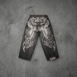 Jean droit déchiré pour homme, taille mi-haute, imprimé, en denim épais, coupe ample, bords bruts, style streetwear hip-hop, décontracté - Product Image 4