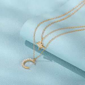 Collier en argent sterling S925 double rangs avec étoile et lune serties de diamants, pendentif étoile à huit branches pour femme - Product Image 3
