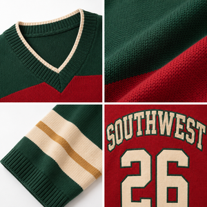 เสื้อสเวตเตอร์ถักสไตล์เสื้อเจอร์ซีย์ลายทางสีแดง เสื้อพูลโอเวอร์สไตล์วินเทจสำหรับวันแข่งขัน - Product Image 5