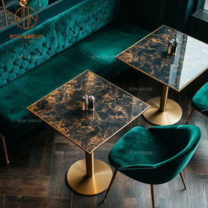 Lüks restoran sandalye ve masa mobilya seti siyah altın damarlı mermer kare masa ve pirinç bacaklar ile zümrüt kadife sandalyeler - Product Image 6