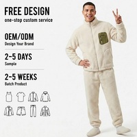 Setelan Olahraga Pria OEM Sherpa Fleece 2 Potong untuk Musim Dingin, Jaket Teddy Lengan Panjang Ukuran Besar dengan Ritsleting dan Saku Kontras & Celana Olahraga