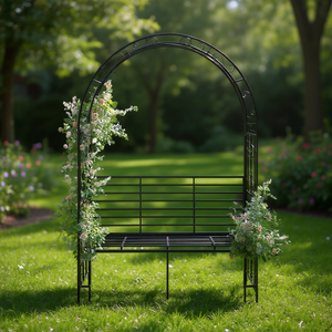 Arco de Jardín de Hierro Negro con Banco, Techo de Doble Arco, Muebles de Exterior, Conjunto de Jardín de Estilo Tradicional - Product Image 2