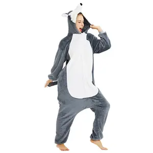 Grosir PJ Halloween Kostum Bulu Homewear Wanita Satu Potong Piyama Panda Pakaian Tidur Dewasa Unisex Piyama Hewan Serigala