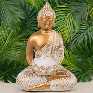 Figura decorativa <span class=keywords><strong>de</strong></span> <span class=keywords><strong>Buda</strong></span>, oro y blanco, aspecto vintage, polirresina, con portavelas (13,5x9x19,5 cm con portavelas) - Product Image 2