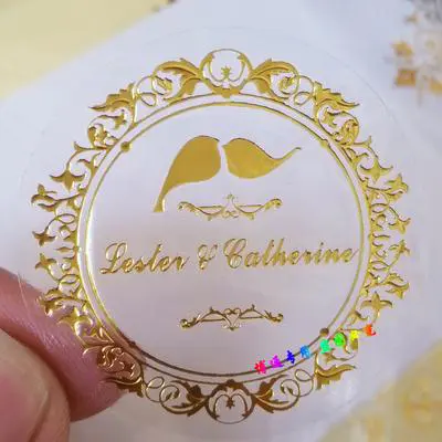 Rolo personalizado logotipo impressão adesivo impermeável ouro folha clara vinil logotipo etiqueta adesivos transparentes