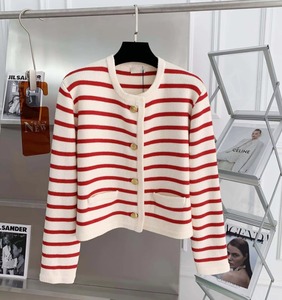 คาร์ดิแกนถักสำหรับผู้หญิงเสื้อสเวตเตอร์ถักลายทางสีทองคอกลมทรงหลวมฤดูใบไม้ร่วง - Product Image 1