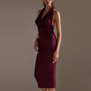 Robes de soirée mi-longues moulantes en satin personnalisées, <span class=keywords><strong>décolleté</strong></span> <span class=keywords><strong>plongeant</strong></span> drapé, taille empire, dos nu, corsage orné de strass - Product Image 3