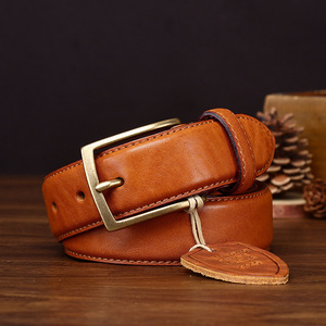 Cinturón de Cuero de Textura Gruesa Vintage para Hombre, Cinturón de Cuero Vacuno Genuino con Hebilla de Cobre, Cinturones de Primera Calidad para Jeans de Hombre - Product Image 3