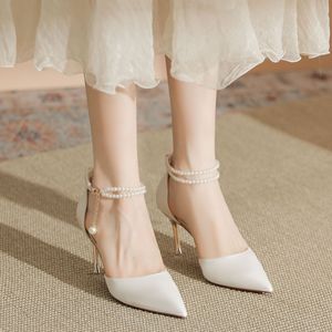 6333E Zapatos de Tacón de Aguja con Punta Puntiaguda y Correa de Tobillo con Perlas, Zapatos de Novia de Satén, Tendencia de Moda Femenina - Product Image 2