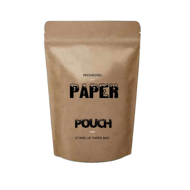 Commercio all'ingrosso della fabbrica di imballaggio alimentare Doypack Stand up Pouch marrone semplice sacchetto di carta Kraft con chiusura a Zip per il tè Snack