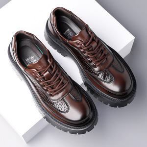 Chaussures derby en cuir marron pour homme, semelle épaisse, motif crocodile, talon bas, chaussures habillées décontractées pour le bureau, taille 47 48 - Product Image 3