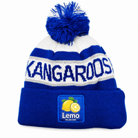 Bonnet en tricot jacquard color block personnalisé 100 % acrylique avec pompon et patch citron, idéal pour l'hiver, le jogging en extérieur, les sports et l'encouragement.
