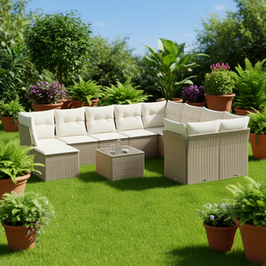 Set Divano da Giardino in Rattan Beige 6 Posti, Arredamento da Esterno Resistente alle Intemperie, Design Contemporaneo con Struttura in Vimini - Product Image 2
